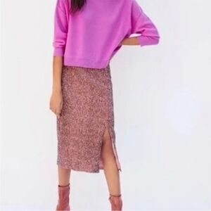 Anthropologie Maeve Rose Pink Alicia Sequined Midi Skirt Side Slit L